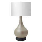 26"H Two light desk lamp with champagne finish, bronze base and two convenience outlets