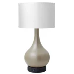 26"H Two light desk lamp with champagne finish, bronze base, two convenience outlets and USB charging