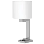 26"H Table lamp with with brushed nickel finish, two convenience outlets and USB charging