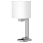 26"H Two light table lamp with brushed nickel finish, two convenience outlets and USB charging