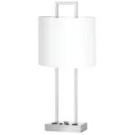 29"H Two light table lamp with brushed nickel finish and two convenience outlets; flourescent tube included