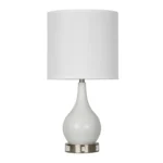 28"H Table lamp with white body, satin nickel base, two convenience outlets and USB charging