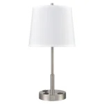 24.5"H Two light table lamp with brushed nickel finish and two convenience outlets