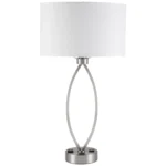 26"H Two light table lamp with brushed nickel finish, two convenience outlets and 24" cord cover