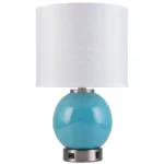 21"H Table lamp with blue body, brushed nickel base, one convenience outlet and USB charging