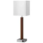 30.5"H Table lamp with mahogany wood and brushed nickel finish and one convenience outlet