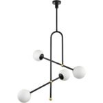 4 Light Pendant Light with Black Finish, Brass Accents and Frosted White Globes