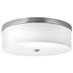 16"W Ceiling light with brushed nickel finish, white linen drum shade and frosted diffuser