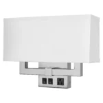 10.5"H Double wall lamp with brushed nickel finish and linen half shade and one convenience outlet