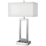 25.25"H Two light desk lamp with brushed nickel finish, two convenience outlets and USB charging