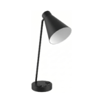 Matte Black Angled Arm Desk Lamp with Conical Shade, 2 Outlets & USB-A & USB-C