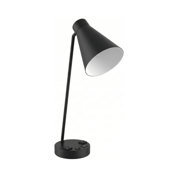 Matte Black Angled Arm Desk Lamp with Conical Shade, 2 Outlets & USB-A & USB-C