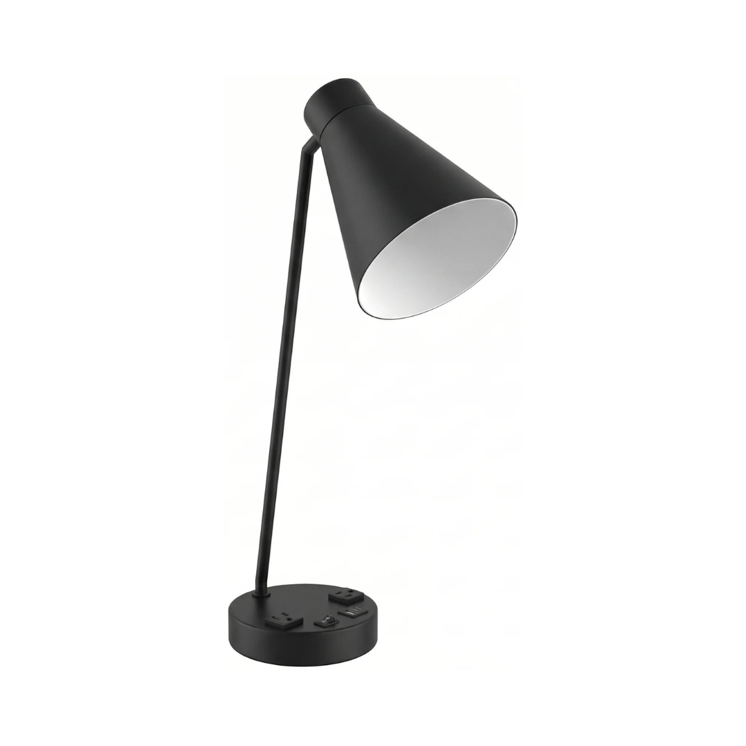 22 Matte Black Angled Arm Desk Lamp with Conical Shade, 2 Outlets & USB-A & USB-C - Image 1