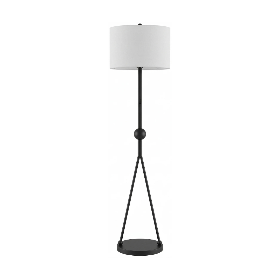23 Matte Black Tripod Floor Lamp with Sphere Accent and Drum Shade - Image 1