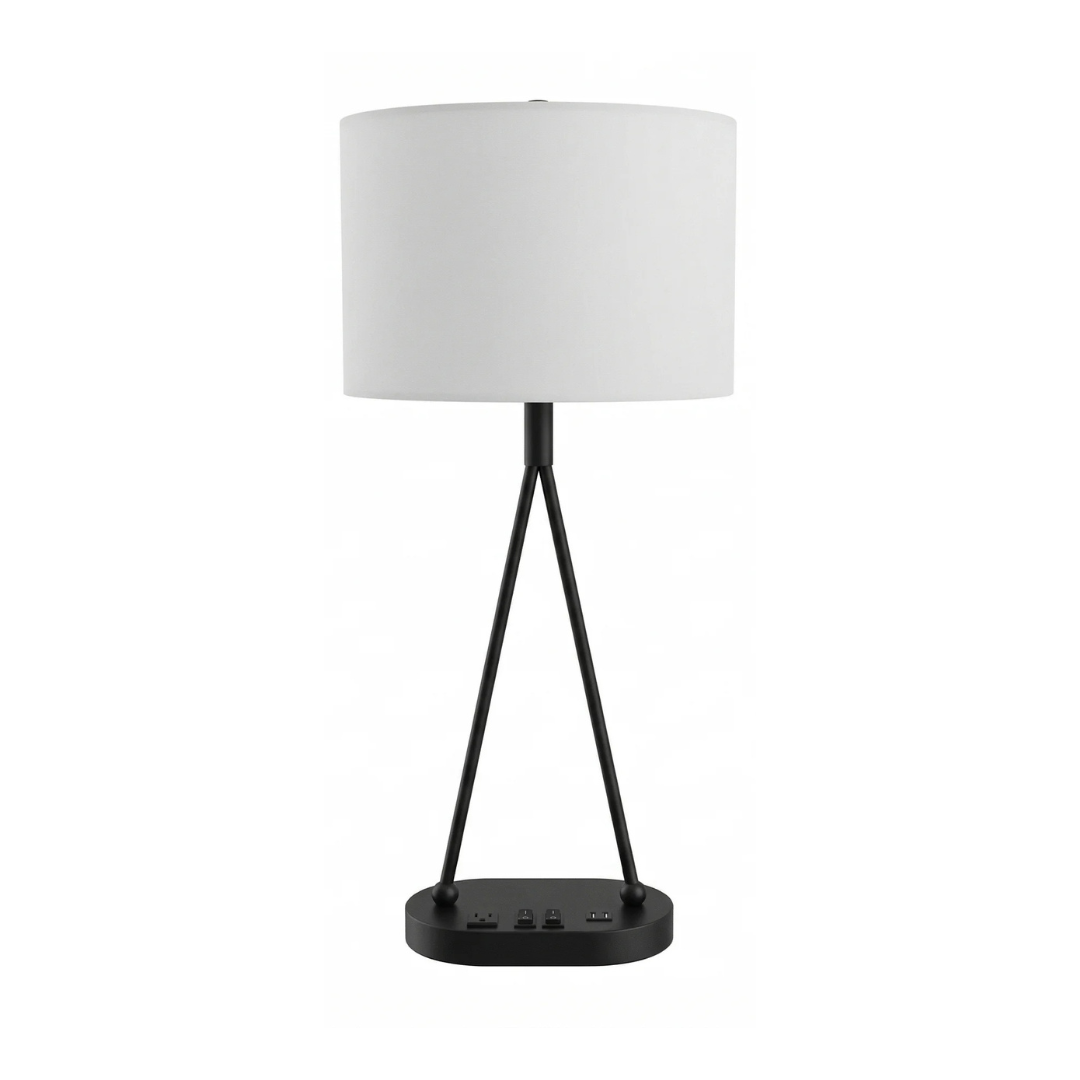25 Matte Black Tripod Table Lamp with Drum Shade, 1 Outlet & USB-A & USB-C - Image 1