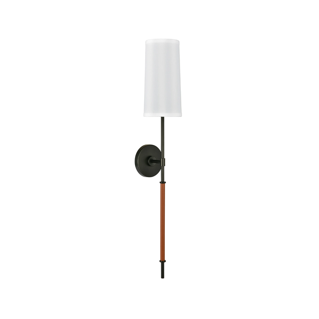 88 Matte Black & Leather Wrap Tapered Wall Sconce - Image 1