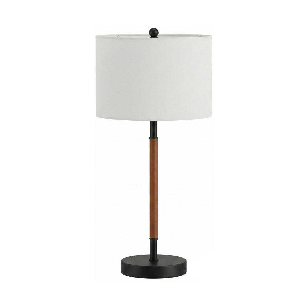 89 Matte Black & Leather Wrap Drum Table Lamp - Image 1
