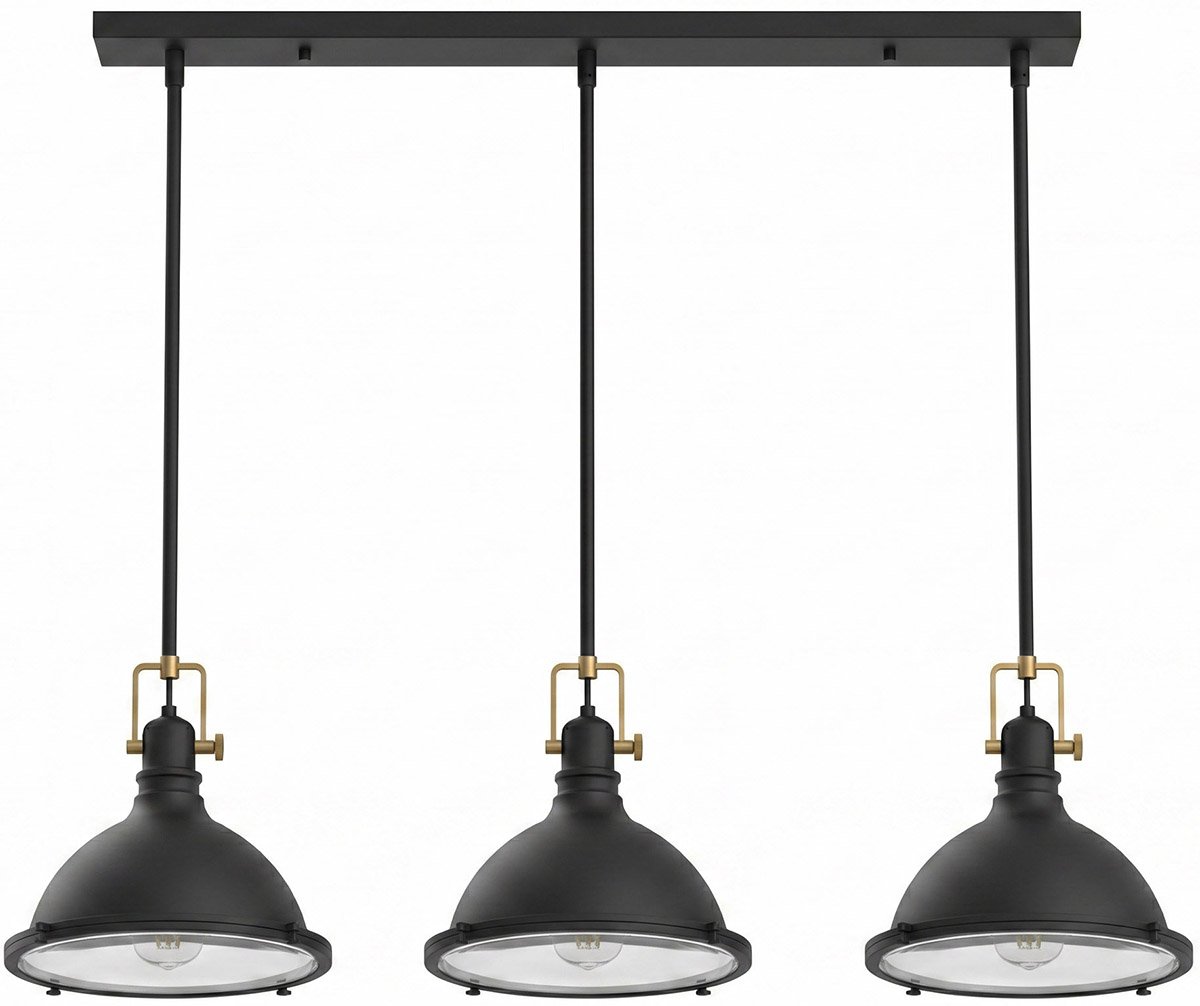 STX-CL735-PS-A.jpg 60″ Matte Black 3-Light Industrial Dome Linear Pendant with Brass Accents - Image 1