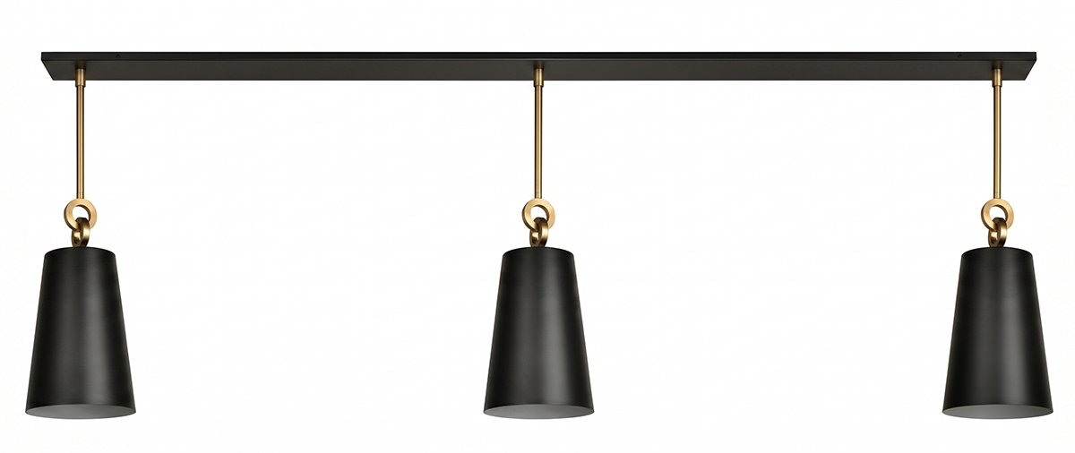 STX-CL736-PS-A.jpg 86″ Matte Black & Brass 3-Light Cone Linear Pendant - Image 1