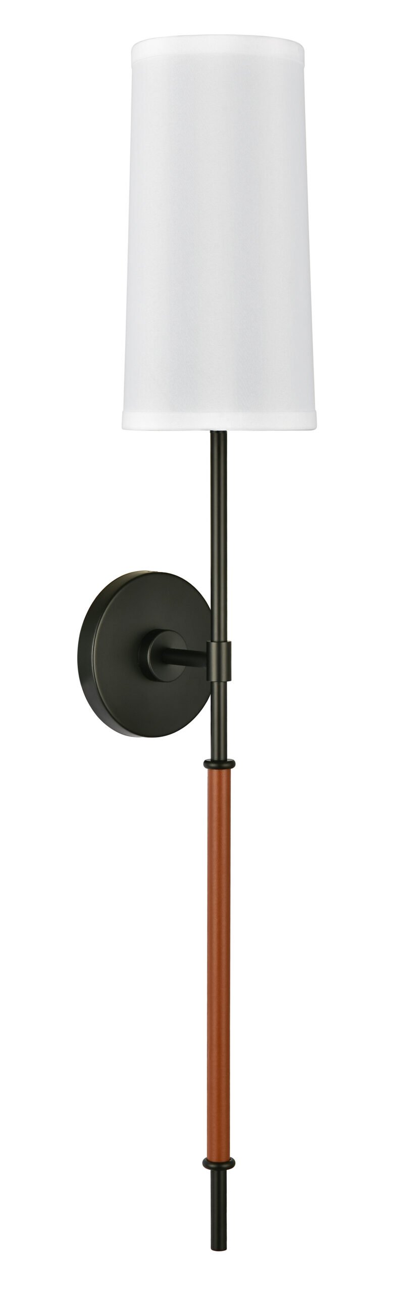 STX-WL725-PS-scaled-1.jpg Matte Black & Leather Wrap Tapered Wall Sconce - Image 1
