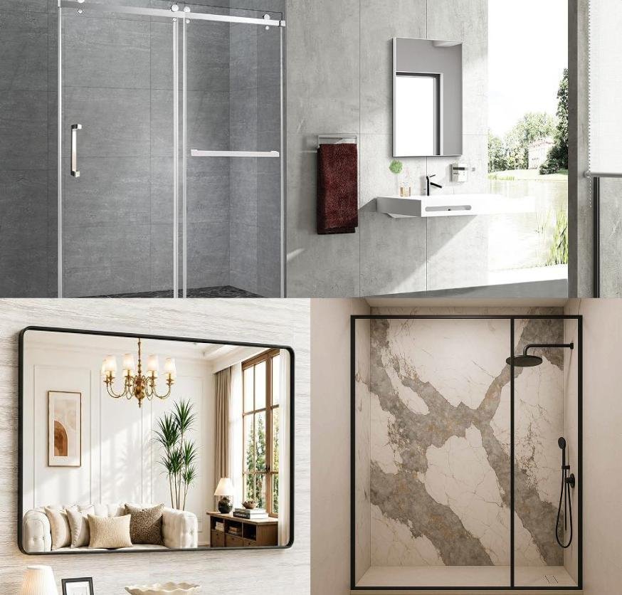 Renovated hotel bathroom with frameless shower door and cultured marble surround