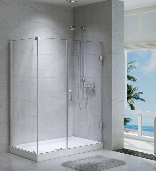 Frameless shower enclosure in an oceanview hotel bathroom