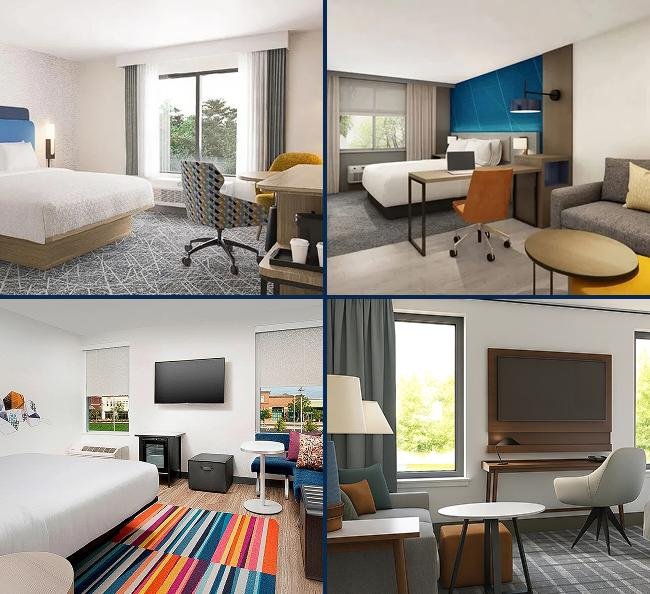 Hotel guestroom furnished with brand-compliant case goods