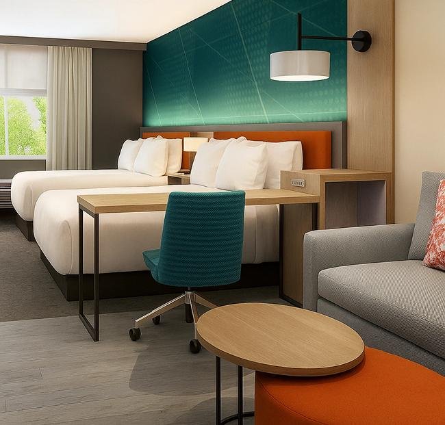 Branded hotel guestroom with sofa and lounge seating