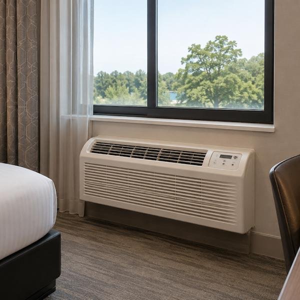 Hotel guestroom with PTAC unit beneath a window