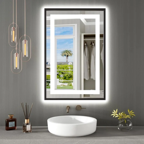 Black Metal Frame Dual-Light LED Hotel Mirror