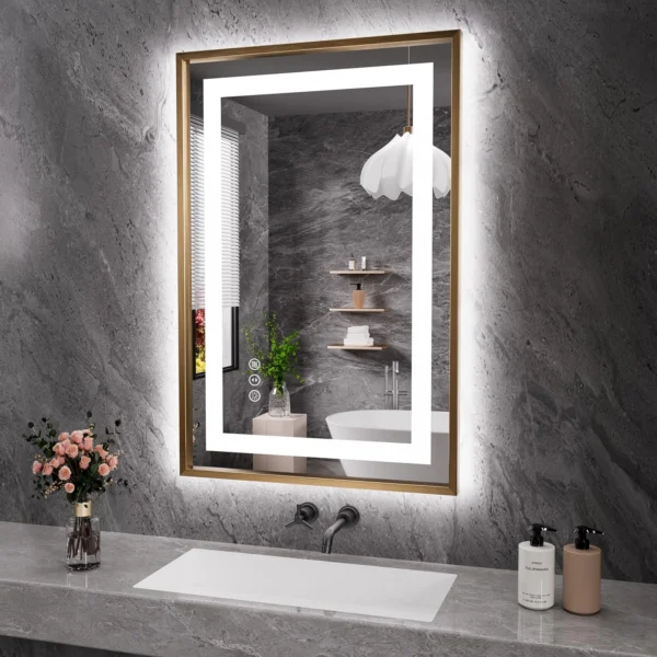 Gold Metal Frame Dual-Light LED Hotel Mirror