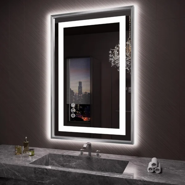 Brushed Nickel Metal Frame Dual-Light LED Hotel Mirror